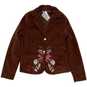 BB Jeans NWT Brown Corduroy Floral Embroidered Blazer Jacket